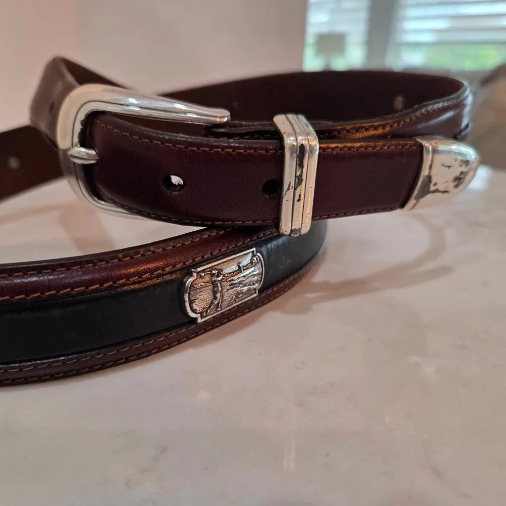 Onyx By Brighton Mens Size 42 Belt Brown & Black‎ Leather Golf Scenes Golf Belt